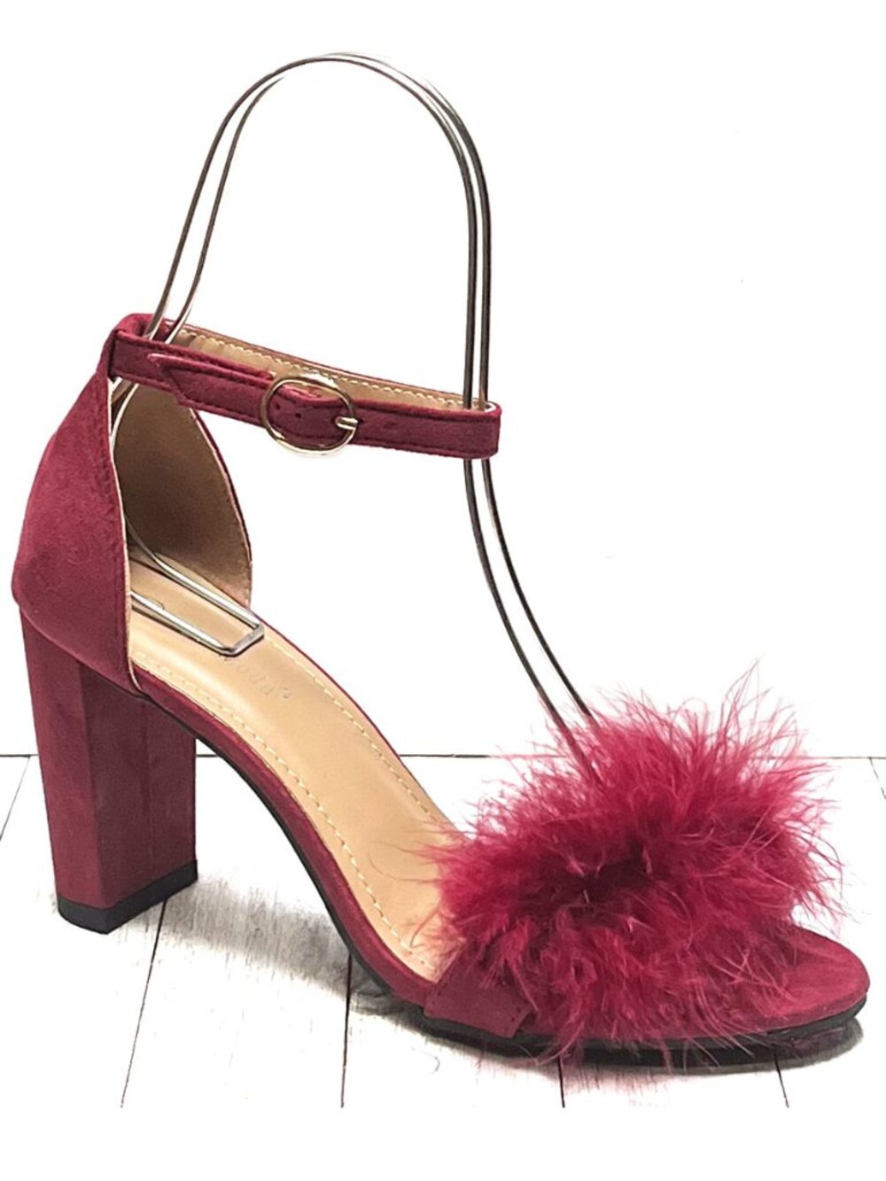 Women’s Suede Feather Block Heel Sandal - Burgundy